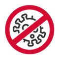 Un símbolo circular rojo de prohibición con una línea diagonal sobre un icono negro de un virus.