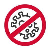 Un símbolo circular rojo de prohibición con una línea diagonal sobre un icono negro de un virus.