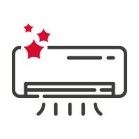 Un icono de un aire acondicionado dibujado con líneas negras y tres estrellas rojas encima.