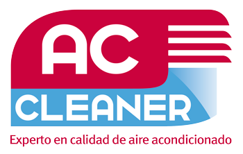 Logo for AC CLEANER with white text on red and blue blocks, reading "Experto en calidad de aire acondicionado."