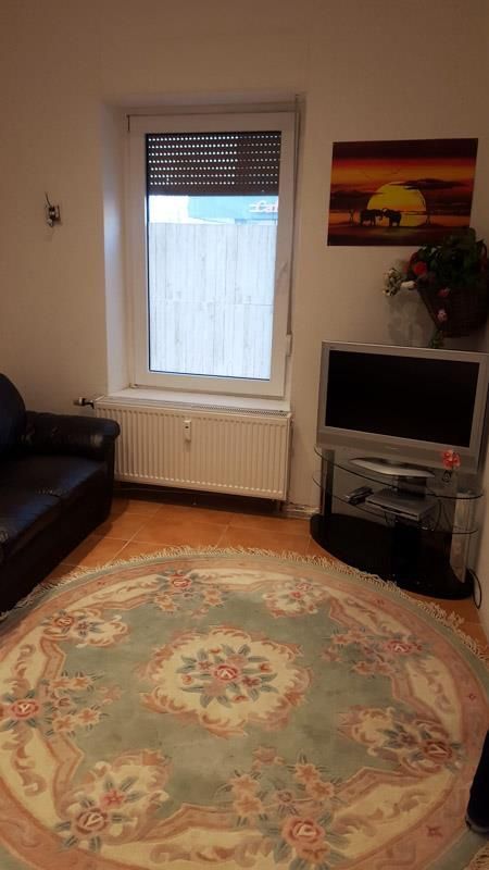 Ein Wohnzimmer mit Sofa, Fernseher und Teppich.
