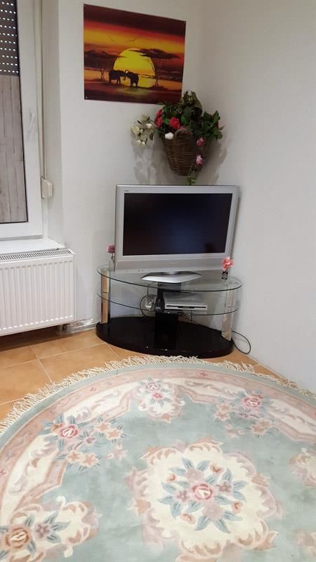 Ein Wohnzimmer mit Flachbildfernseher und Teppich