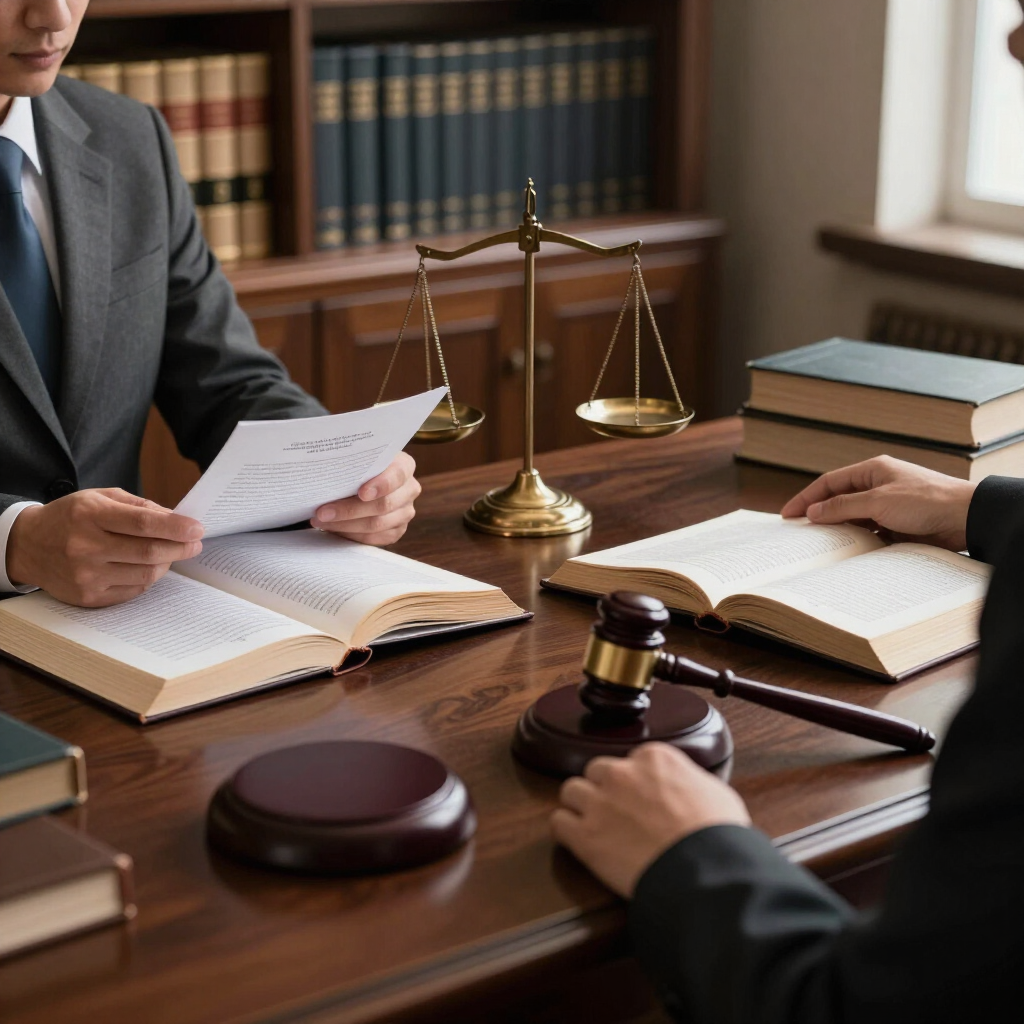 Abogados revisando documentos en un escritorio de madera con un mazo y una balanza de la justicia.