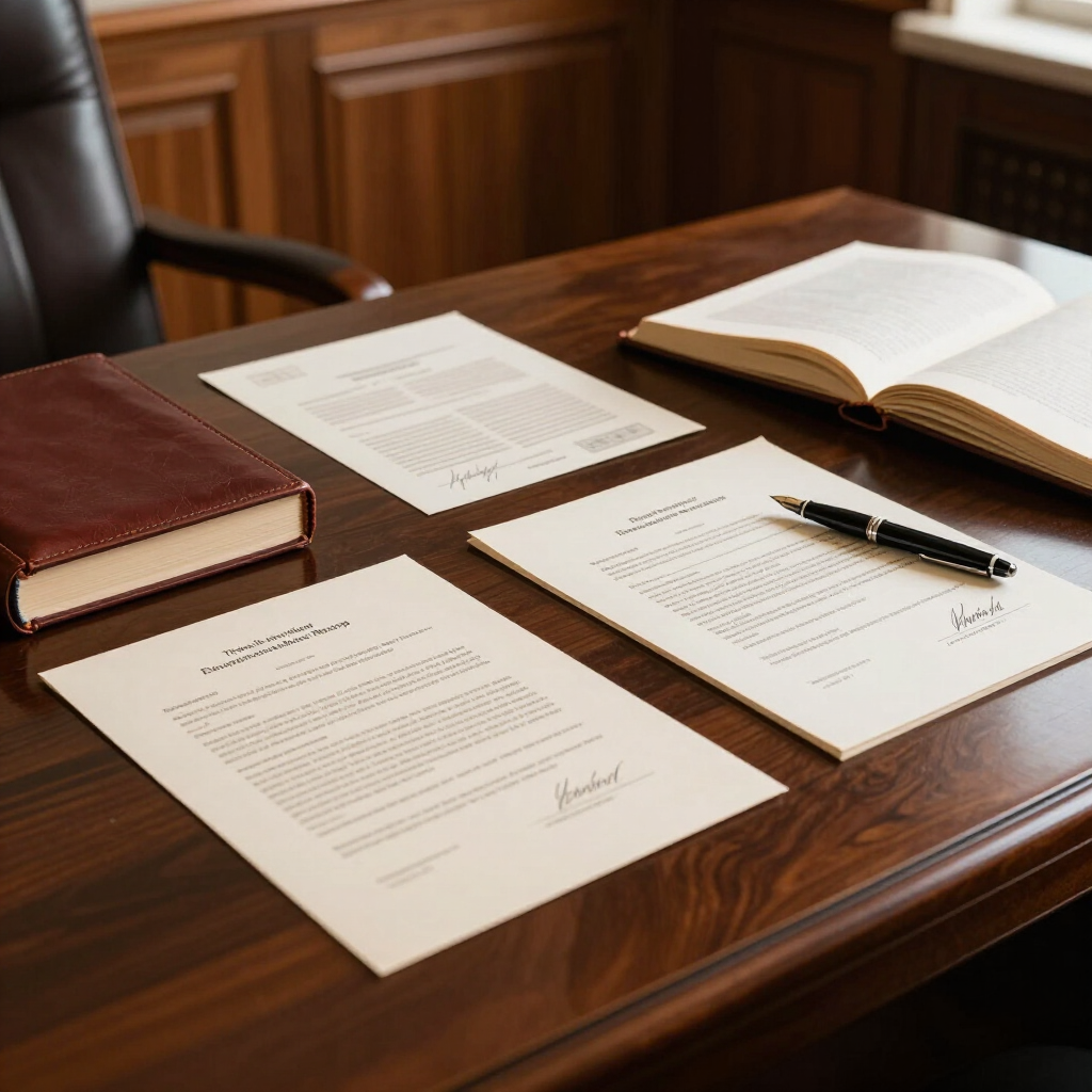 Mesa de conferencias de madera con documentos legales, bolígrafo, libro abierto y una carpeta roja cerrada.