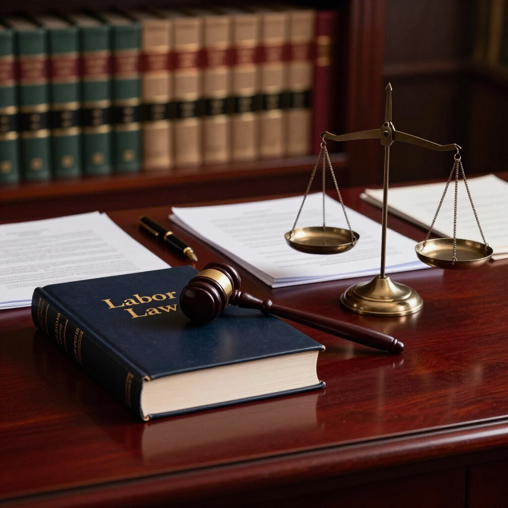 Libro de leyes, mazo y balanza sobre un escritorio pulido en un despacho de abogados.