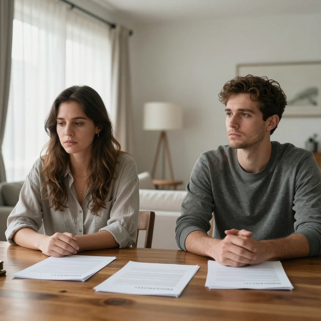 Dos personas sentadas a una mesa con papeles, con semblante serio en una habitación luminosa.