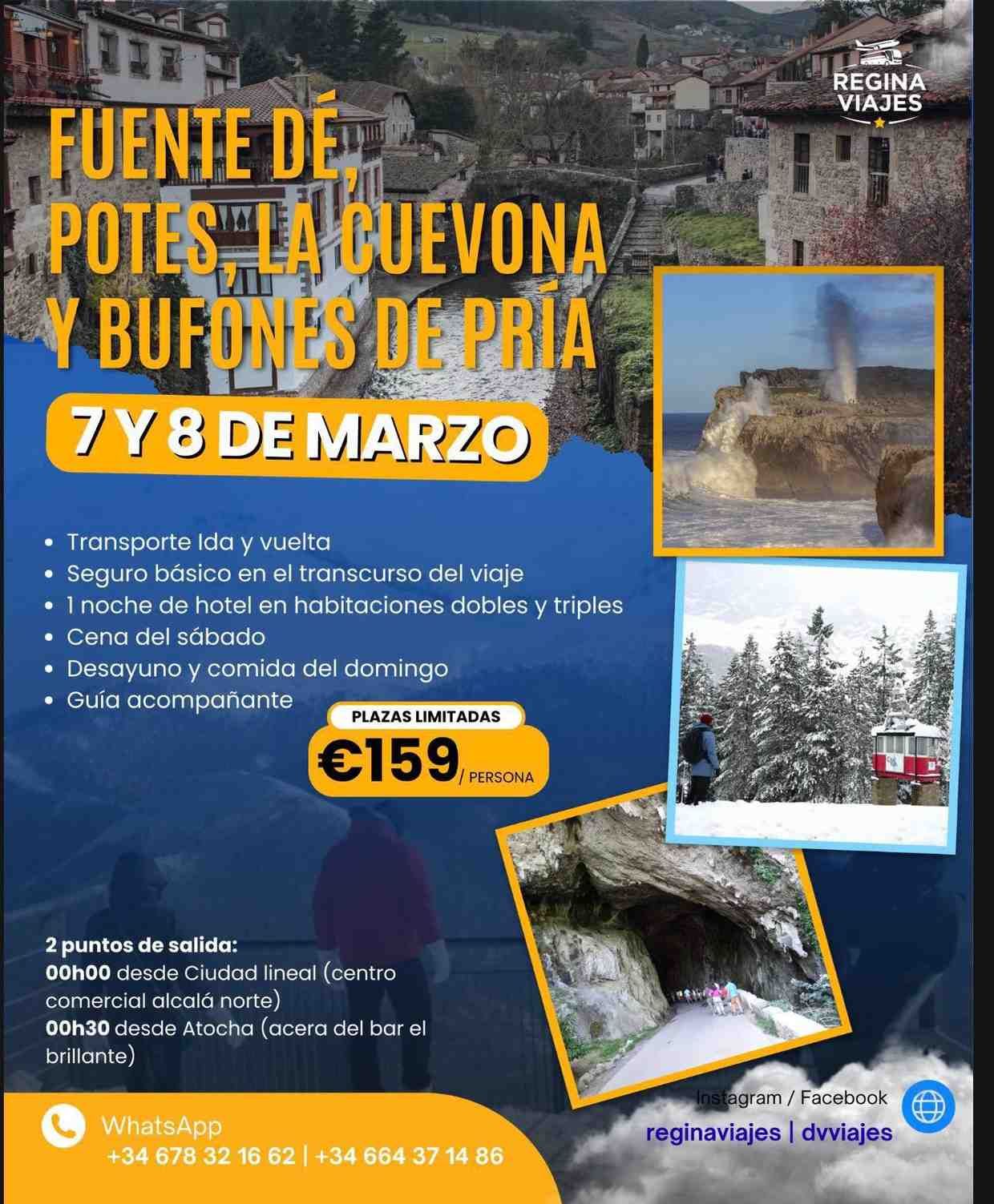 Anuncio de viaje a Fuente Dé y Picos de Europa, incluyendo detalles del viaje en autobús, fechas y precio.
