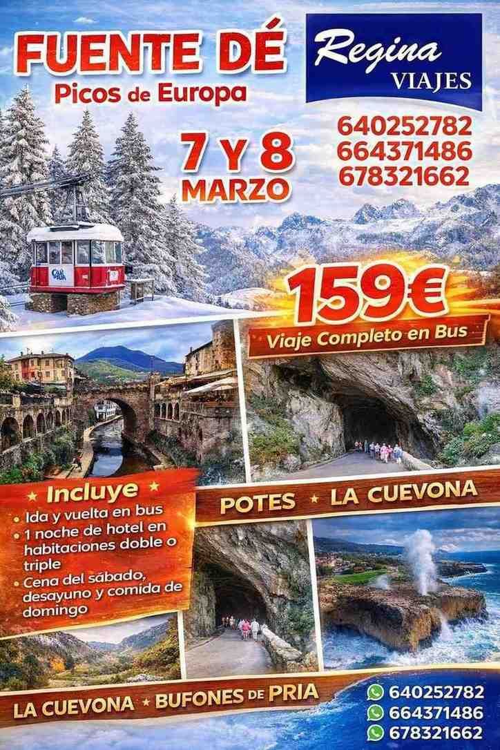 Anuncio de viaje a Fuente Dé y Picos de Europa, incluyendo detalles del viaje en autobús, fechas y precio.