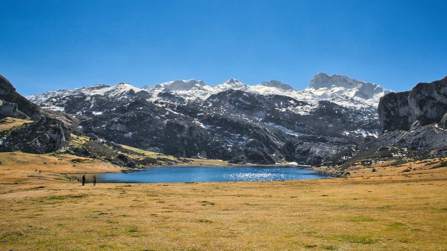 Lago de montaña rodeado de picos nevados bajo un cielo azul claro, con primer plano de hierba.