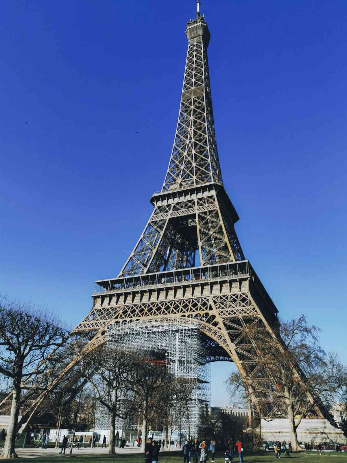 Torre Eiffel en París contra un cielo azul claro, vista desde un parque con árboles y gente.