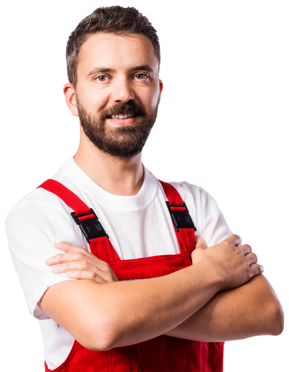 Homme en salopette rouge