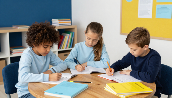 Tres niños están sentados a una mesa escribiendo en cuadernos en un aula.