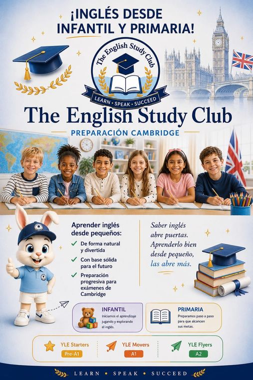 Póster para niños para aprender inglés, con imágenes de Cambridge Prep, niños, el Big Ben y la bandera británica.