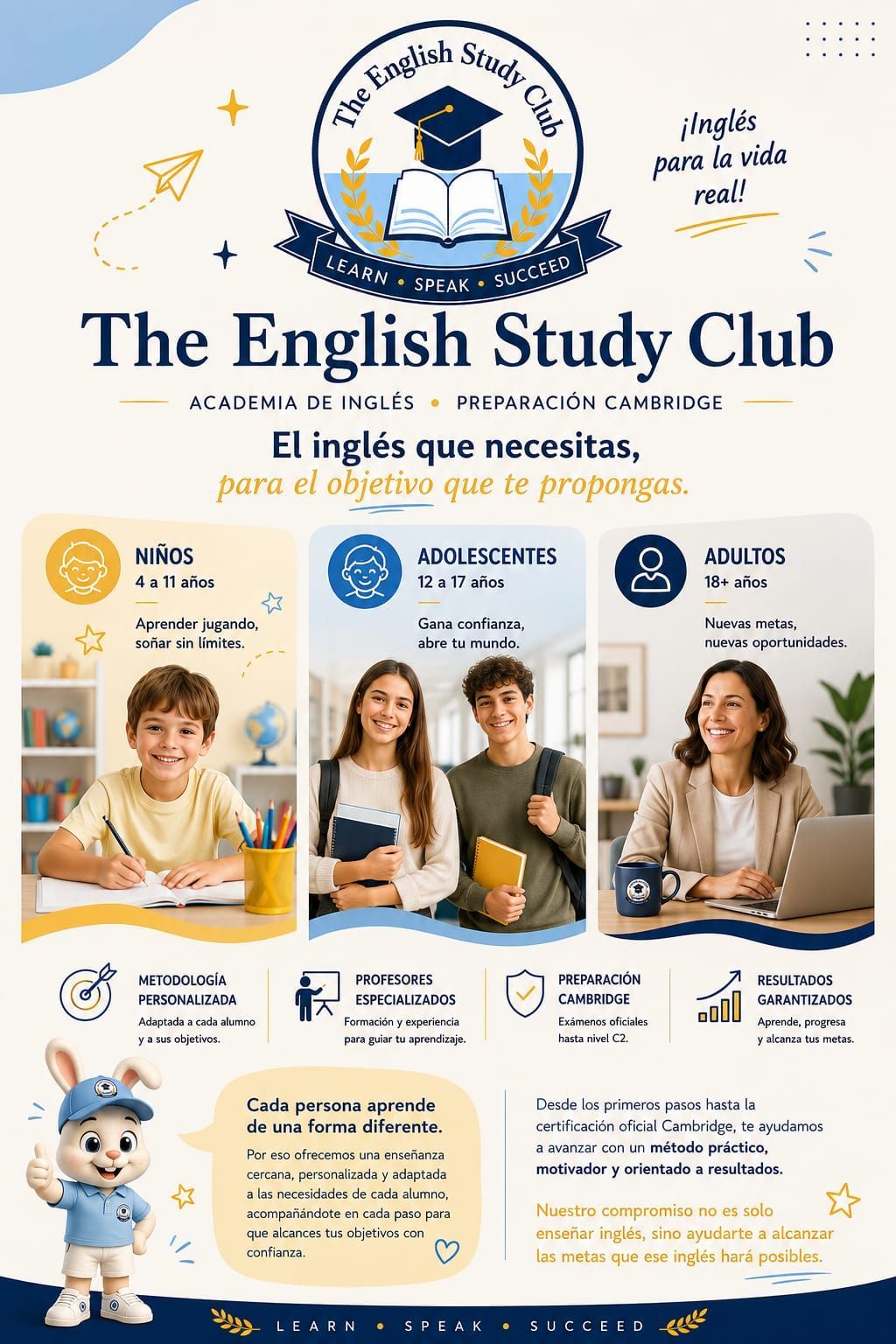 Cartel del Club de Estudios de Inglés con estudiantes, libros y un diseño azul y dorado con temática de graduación.