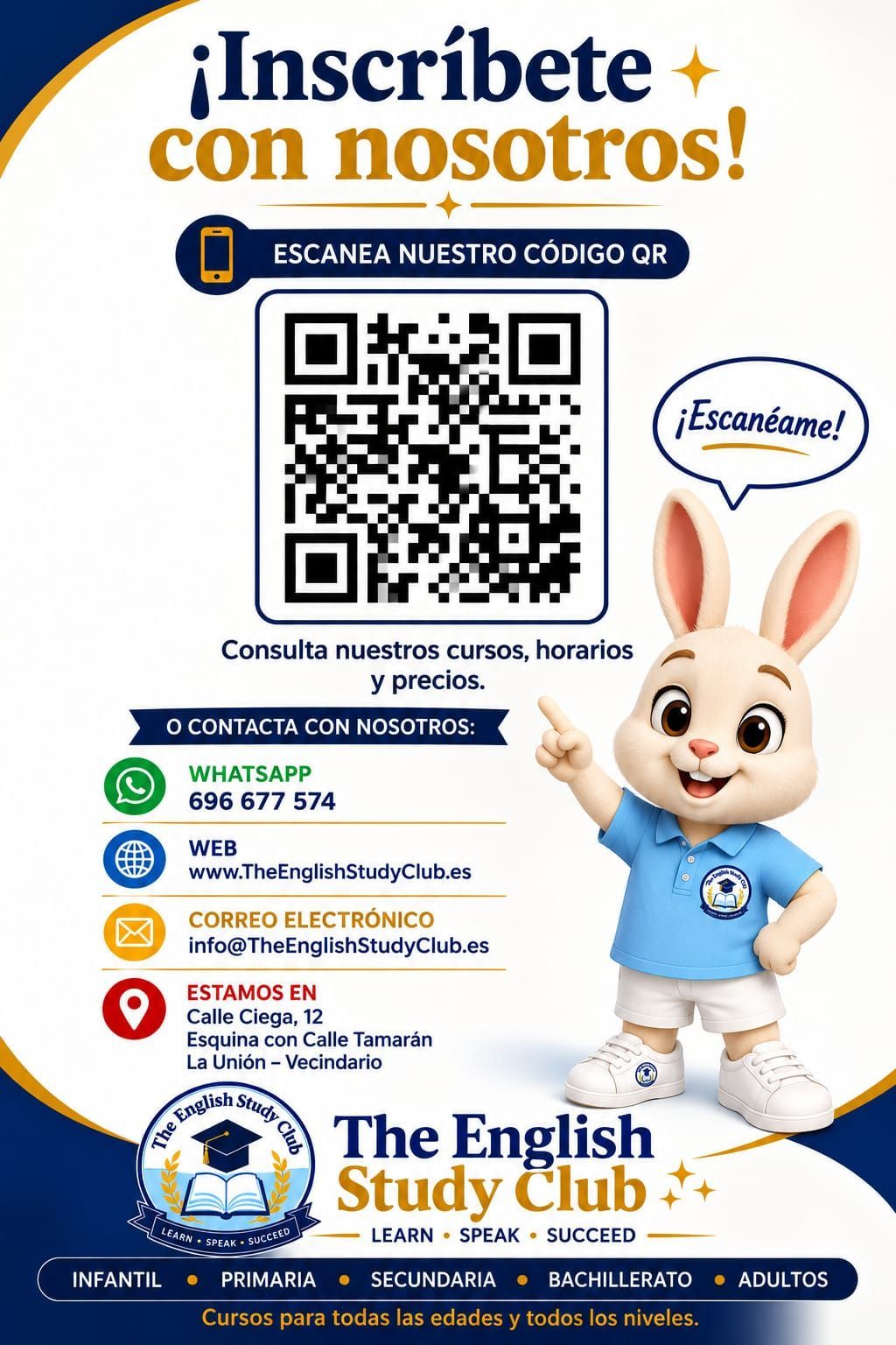 Folleto promocional de un club de estudios de inglés con código QR, detalles del curso y una mascota: un conejo sonriente.
