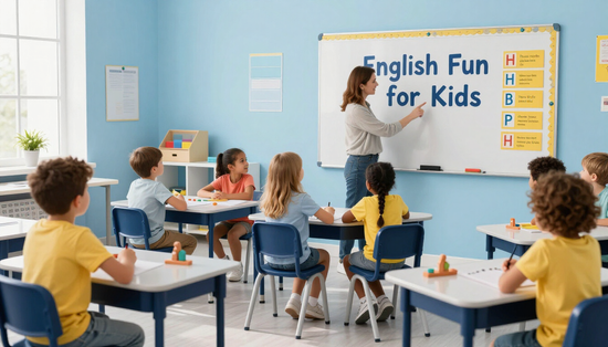 Una maestra imparte una clase de inglés con niños sentados en sus pupitres en un aula luminosa, con una pizarra blanca que dice 