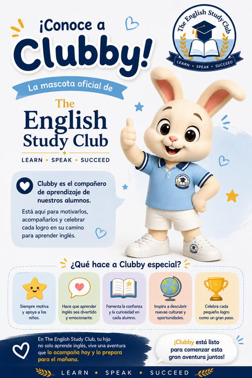 Folleto del club de estudio de inglés “Clubby” con una mascota de conejo de dibujos animados e iconos educativos azules y amarillos.