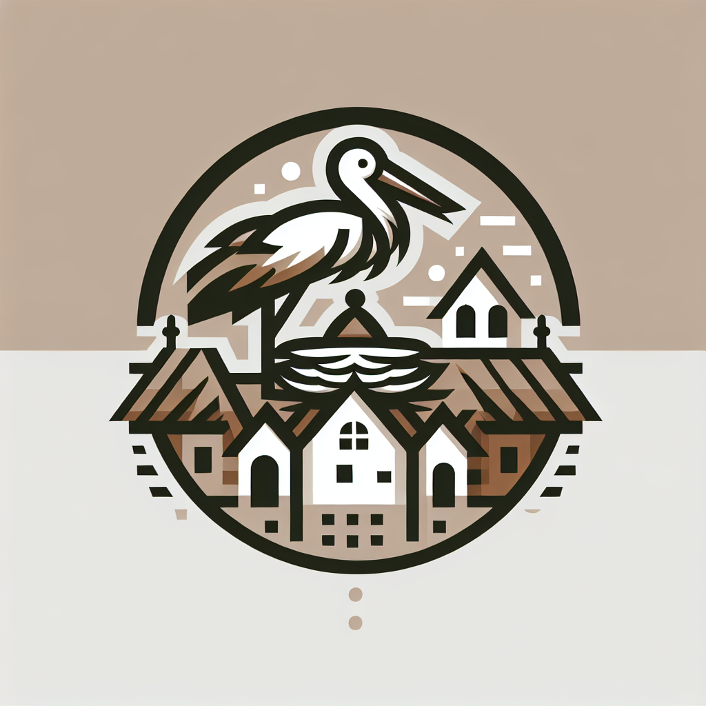 Cigüeña sobre un nido en los tejados con un diseño circular, marrón y blanco.