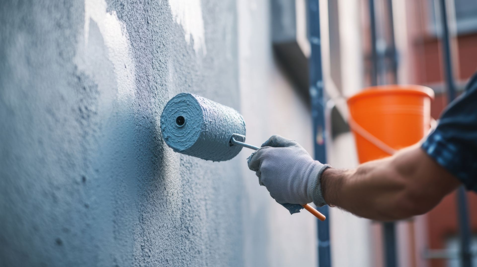 Une personne utilise un rouleau à peinture pour peindre un mur extérieur gris. Un seau orange et une échelle sont visibles à l'arrière-plan.
