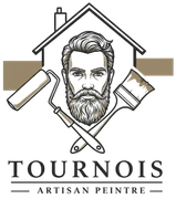 Logo : Homme avec barbe, contour de maison, rouleau à peinture et pinceau, Tournois Artisan Peintre.