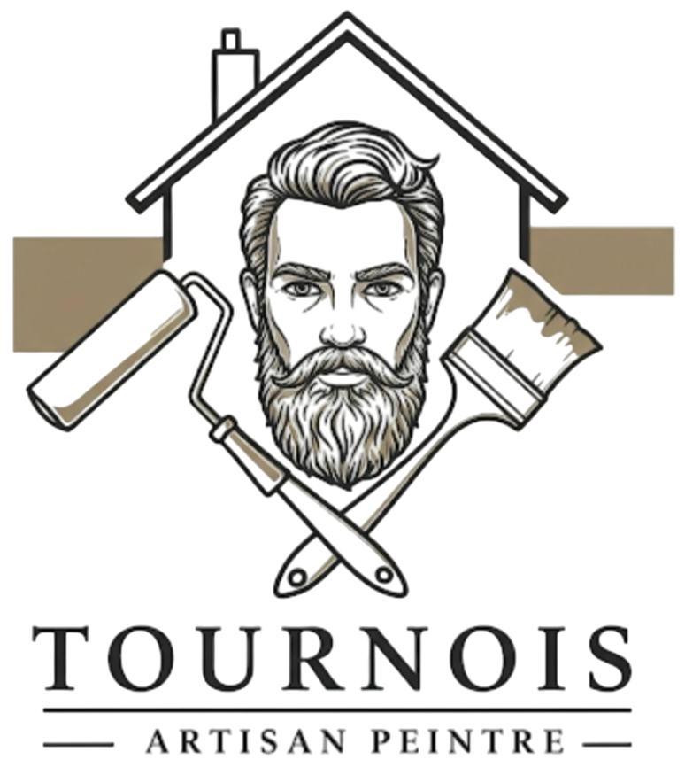 Logo : Homme avec barbe, contour de maison, rouleau à peinture et pinceau, Tournois Artisan Peintre.