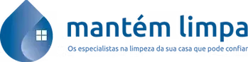 Logotipo da "mant&eacute;m limpa", servi&ccedil;o de limpeza com um &iacute;cone de gota d'&aacute;gua contendo uma janela de casa.