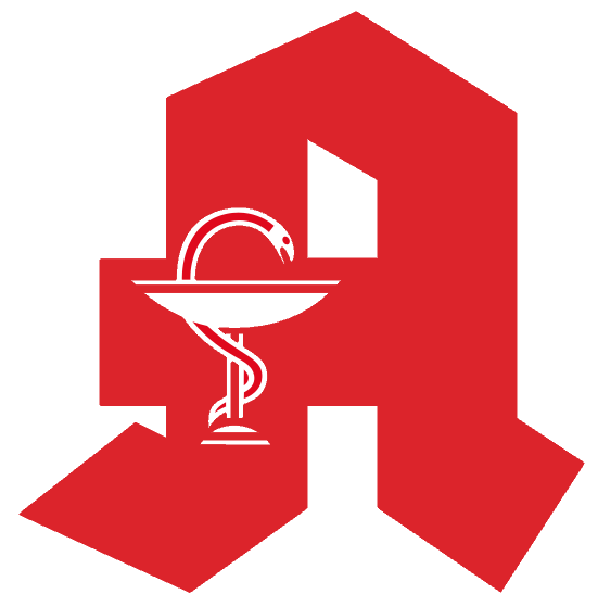 Rotes, stilisiertes „A“ mit einer weißen Schlange, die sich um eine Schale windet; ein Symbol für eine Apotheke.