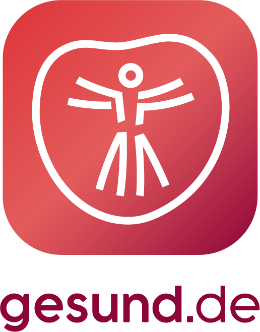 Rotes, herzförmiges Logo mit einer stilisierten Person darin, darunter der Text „gesund.de“.