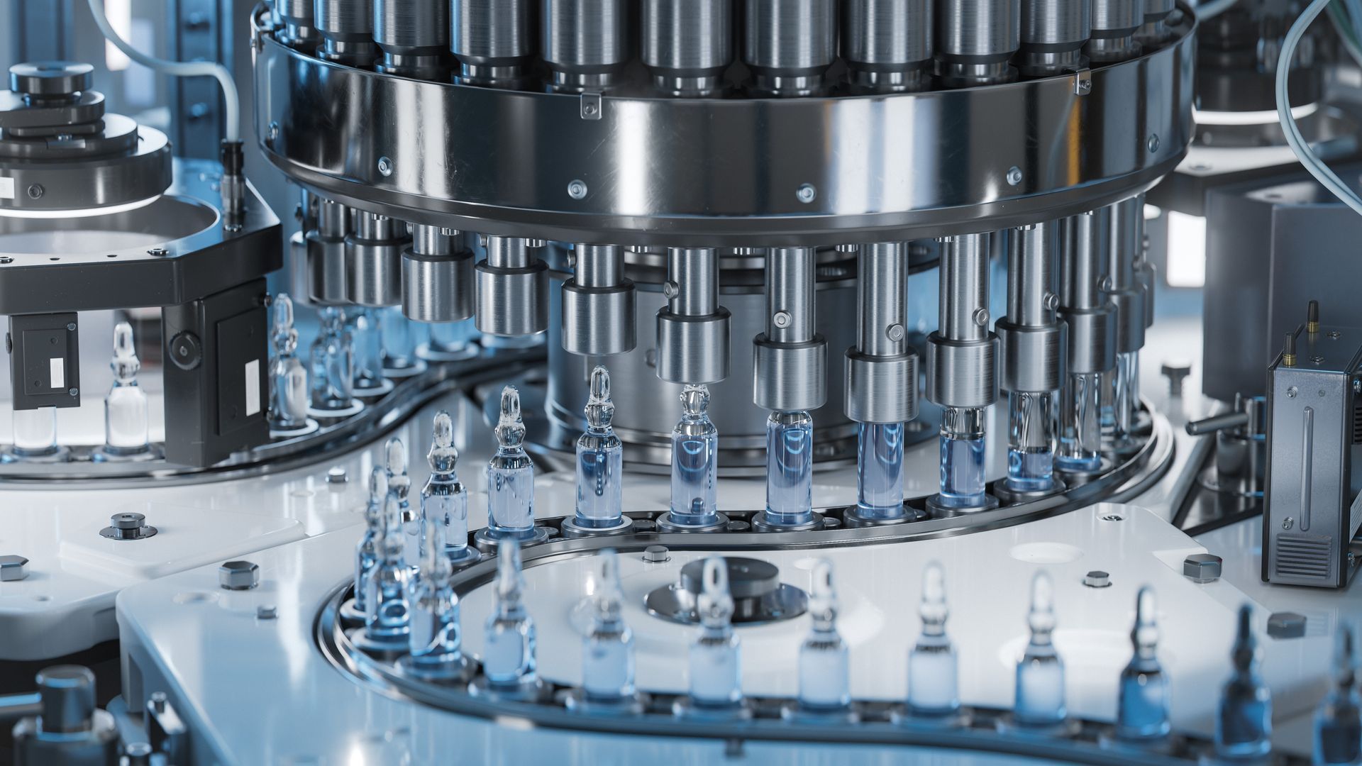 vue d'une machine remplissant des petites bouteilles