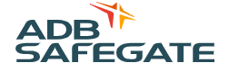 Logo ADB SAFEGATE avec texte turquoise et étoile stylisée orange sur fond blanc