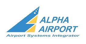 Logo d'Alpha Airport avec un A stylisé bleu et jaune et le texte « Intégrateur de systèmes aéroportuaires »