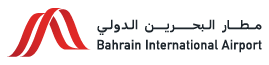 Logo de l'aéroport international de Bahreïn avec un trait rouge stylisé et du texte en arabe et en anglais.