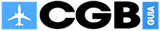 Logo CGB avec icône d'avion blanc sur carré bleu et lettres noires, plus texte vertical bleu « GUIA »