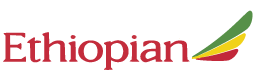 Logo d'Ethiopian Airlines avec texte rouge et icône d'aile verte, jaune et rouge