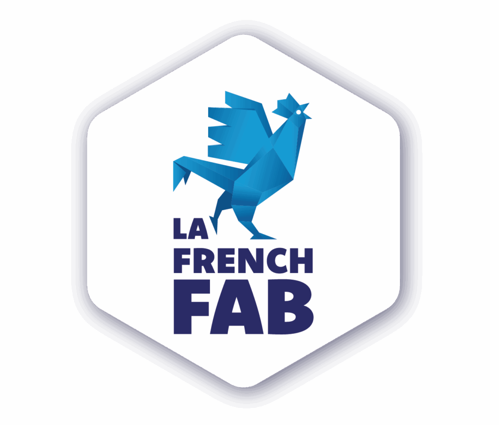 Logo de coq bleu avec le texte « LA FRENCH FAB » à l'intérieur d'un hexagone blanc