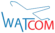 Logo WATCOM avec texte bleu et rouge et un contour abstrait bleu au-dessus.