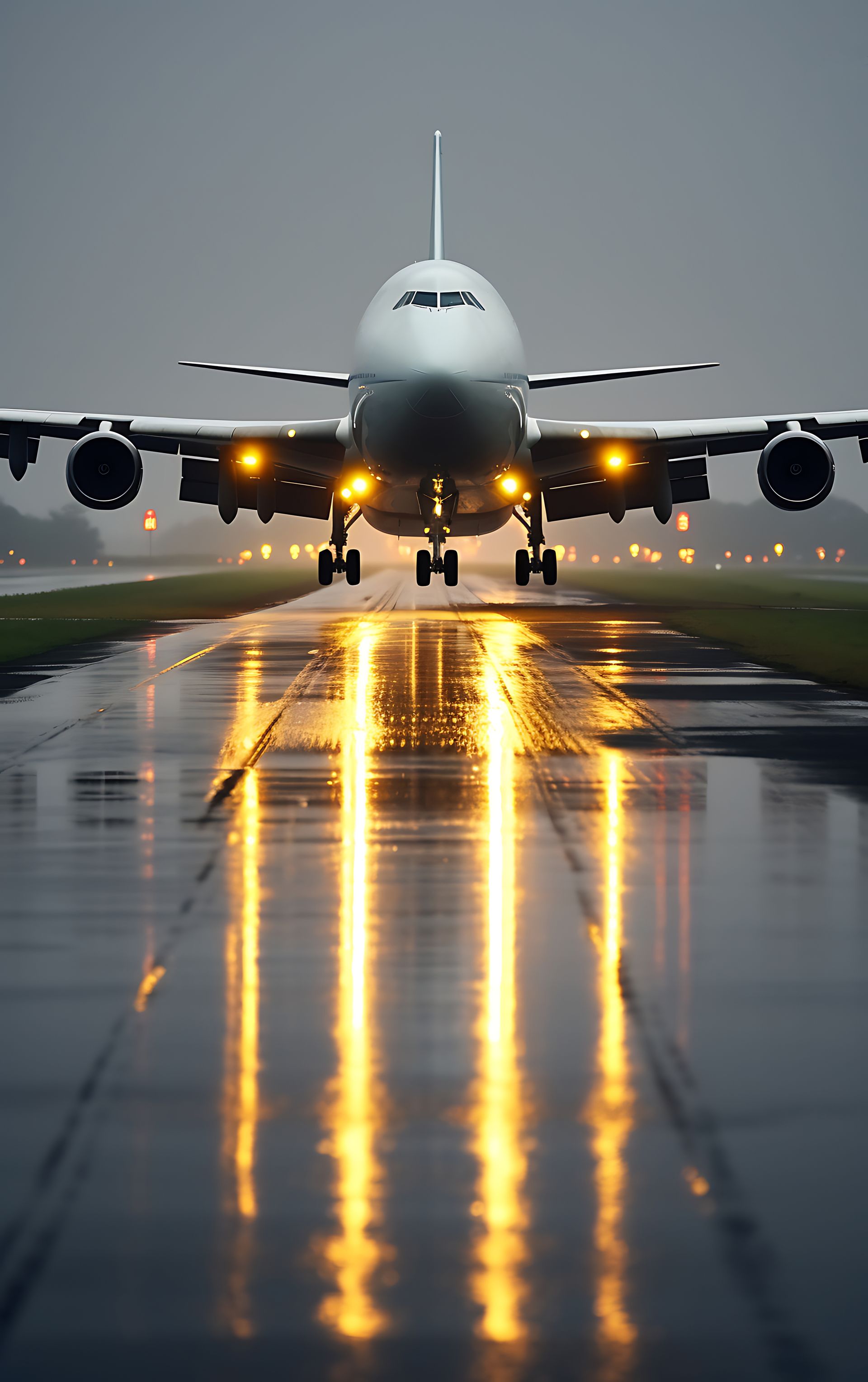 Un avion atterrit sur une piste mouillée, ses phares se reflétant dans la pluie.
