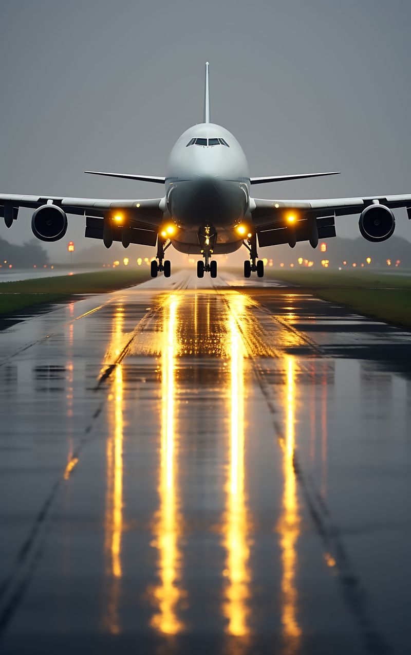 Un avion de ligne atterrit sur une piste mouillée au crépuscule, avec les lumières vives de la piste se reflétant en dessous.