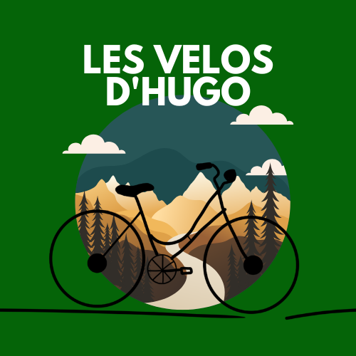 Vélo noir se découpant sur un fond de nature : montagnes, arbres et rivière ; « Les Vélos d'Hugo » ci-dessus.