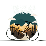 Vélo noir se découpant sur un fond de nature : montagnes, arbres et rivière ; « Les Vélos d'Hugo » ci-dessus.