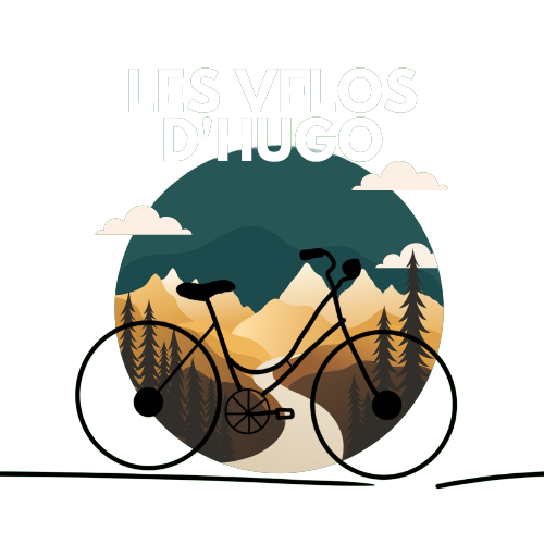 Vélo noir se découpant sur un fond de nature : montagnes, arbres et rivière ; « Les Vélos d'Hugo » ci-dessus.