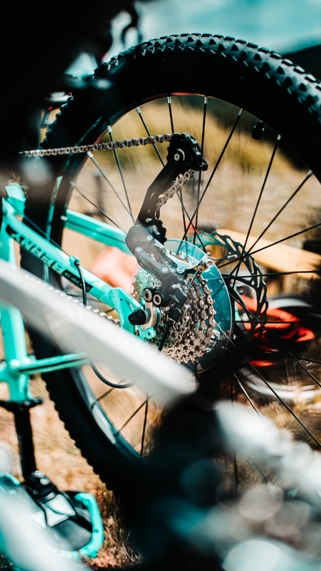 Roue arrière d'un VTT turquoise, avec un focus sur les vitesses et le frein à disque, installé à l'extérieur.