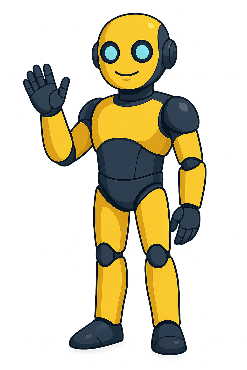 Gelber und marineblauer Roboter winkt und lächelt.