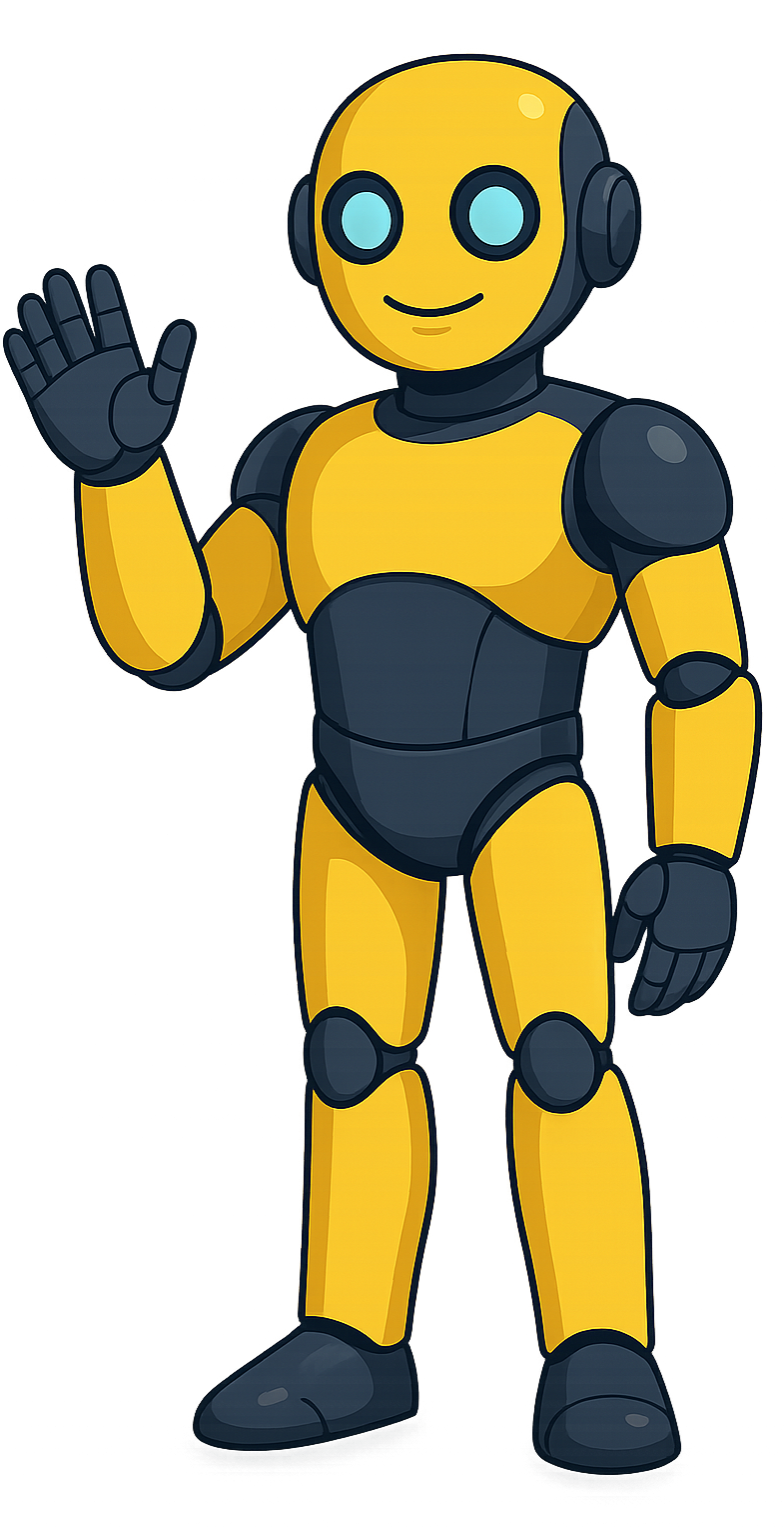 Gelber und dunkelblauer Roboter, winkt, lächelt, hellblaue Augen.