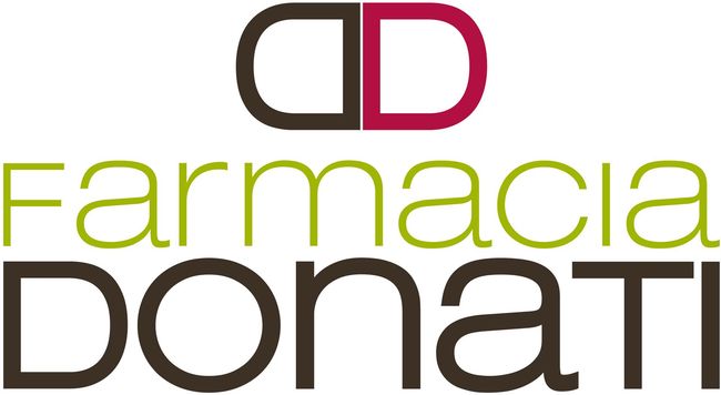 Logo della Farmacia Donati con scritta e icona stilizzate in marrone e magenta qui sopra.