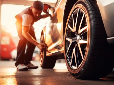 Un hombre está cambiando un neumático de un coche en un garaje.