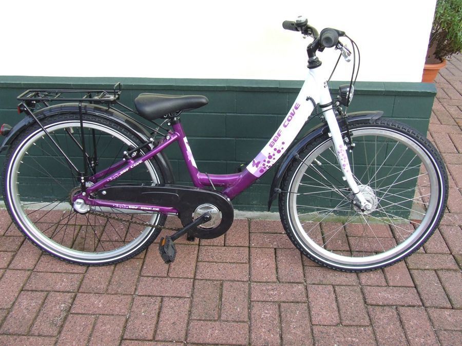 Ein lila-weißes Fahrrad steht auf einem gepflasterten Gehweg