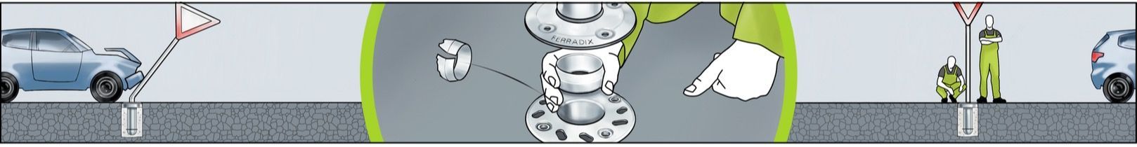 Piirretty kohtaus hopeisesta robotista kävelemässä harmaalla tiellä sinisen auton ja stop-merkin vieressä.