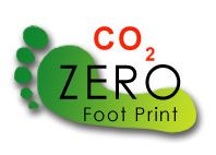 Vihreä eko-logo, jossa lukee ”CO2 ZERO Foot Print” ja jalanjälkigrafiikka