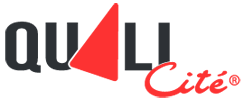 Musta ja punainen QualiCité-logo tyylitellyllä punaisella kolmionmuotoisella rungolla